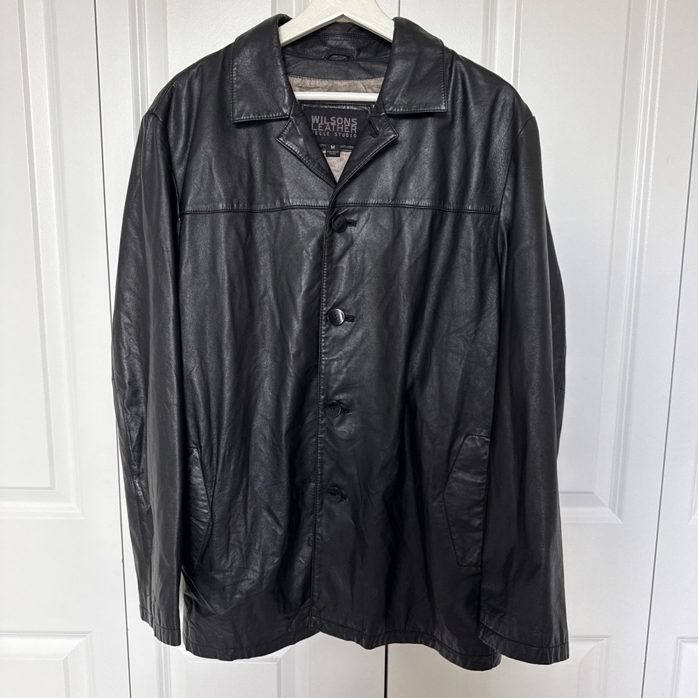 Wilsons Leather Pelle Studio Mens Black Leather Blazer Jacket Vintage Y2K FLAW
